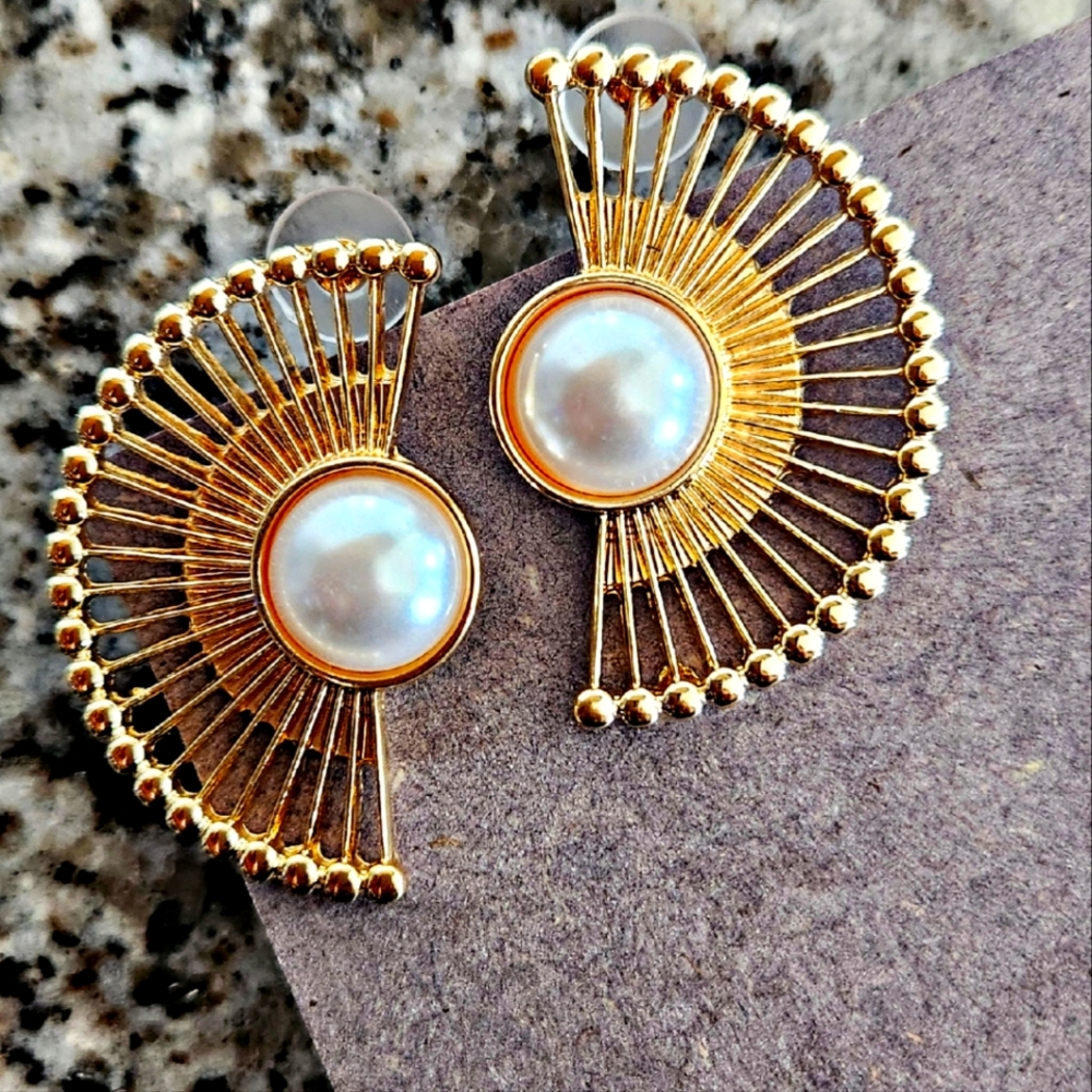 Gold Fan Pearl Statement Earrings
